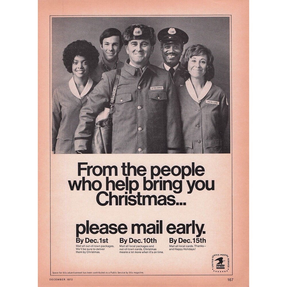 1972 USPS Postal Service Christmas Mail Early Vintage Print Ad Post Office Decor